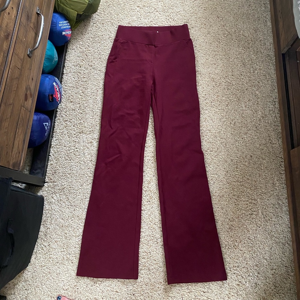 Slightly high waisted maroon slacks wide leg